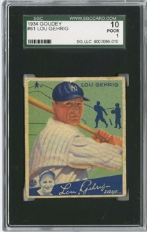 1934 Goudey #61 Lou Gehrig - SGC 10 PR 1